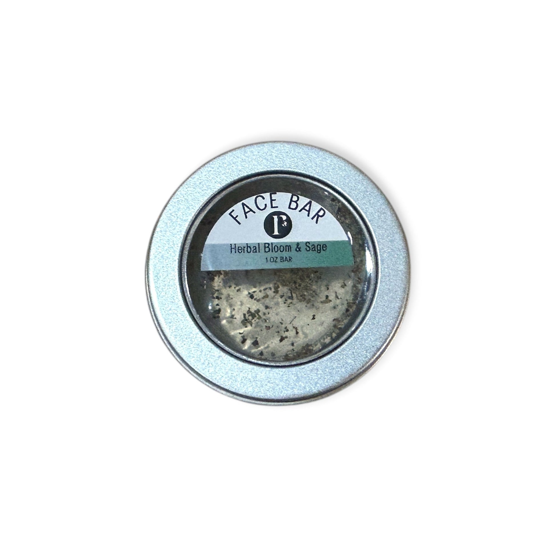 Herbal Bloom and Sage face bar soap by Refillism in a tin, natural personal care product with botanical ingredients.