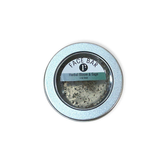 Herbal Bloom and Sage face bar soap by Refillism in a tin, natural personal care product with botanical ingredients.