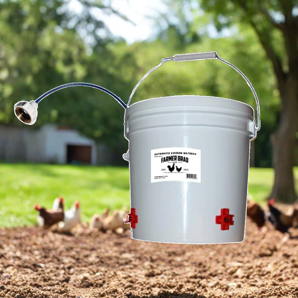 Farmer Brad automatic chicken waterer, 2-gallon capacity, clear plastic water container with nozzle for poultry hydration