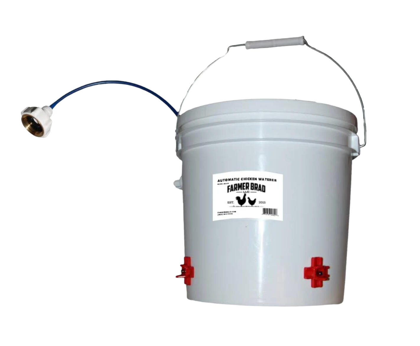 Farmer Brad 2-gallon automatic chicken waterer with clear plastic tank and valve for easy water access for poultry