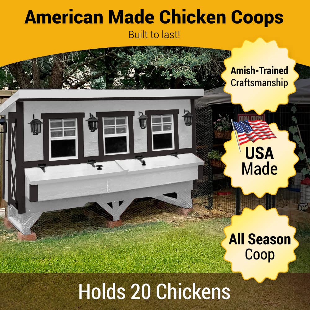 Farmhouse-style XL OverEZ Chicken Coop designed for up to 20 chickens, featuring spacious outdoor enclosure and durable construction.