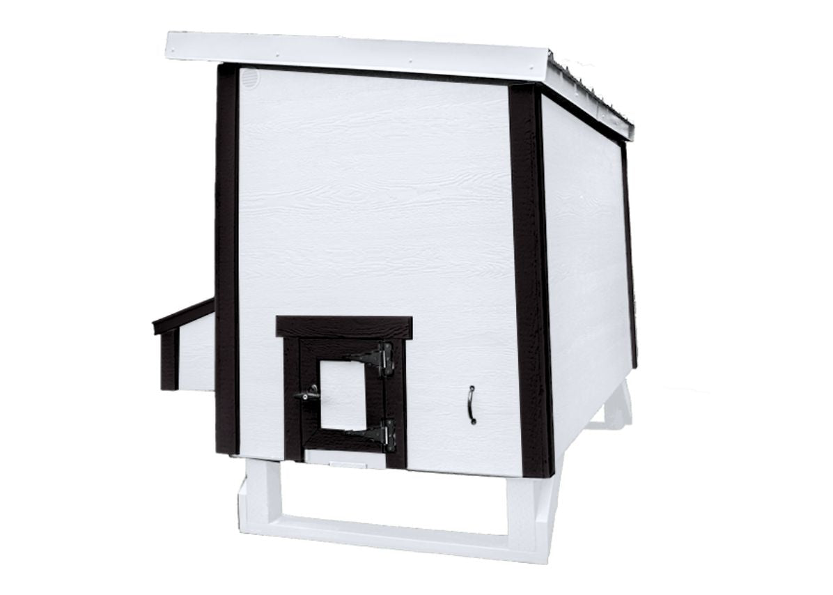 Large OverEZ Chicken Coop for up to 15 chickens, featuring a farmhouse-style design with spacious outdoor run and secure nesting areas.