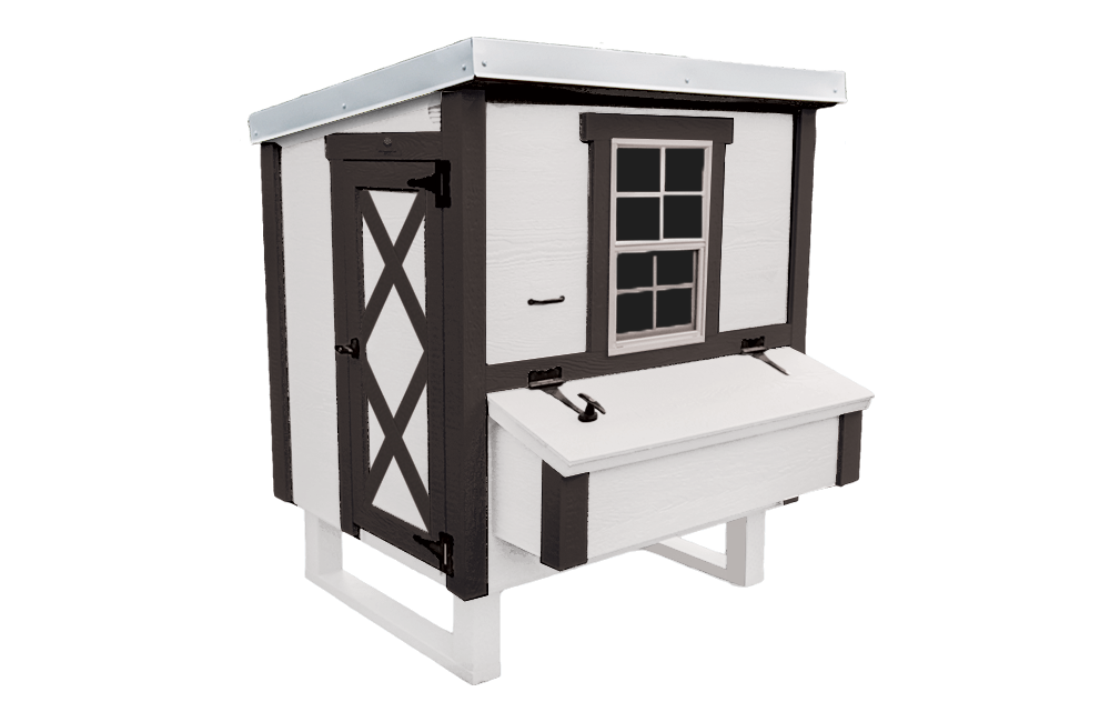OverEZ Medium Chicken Coop suitable for up to 10 chickens, featuring a farmhouse style with windows and a secure door.