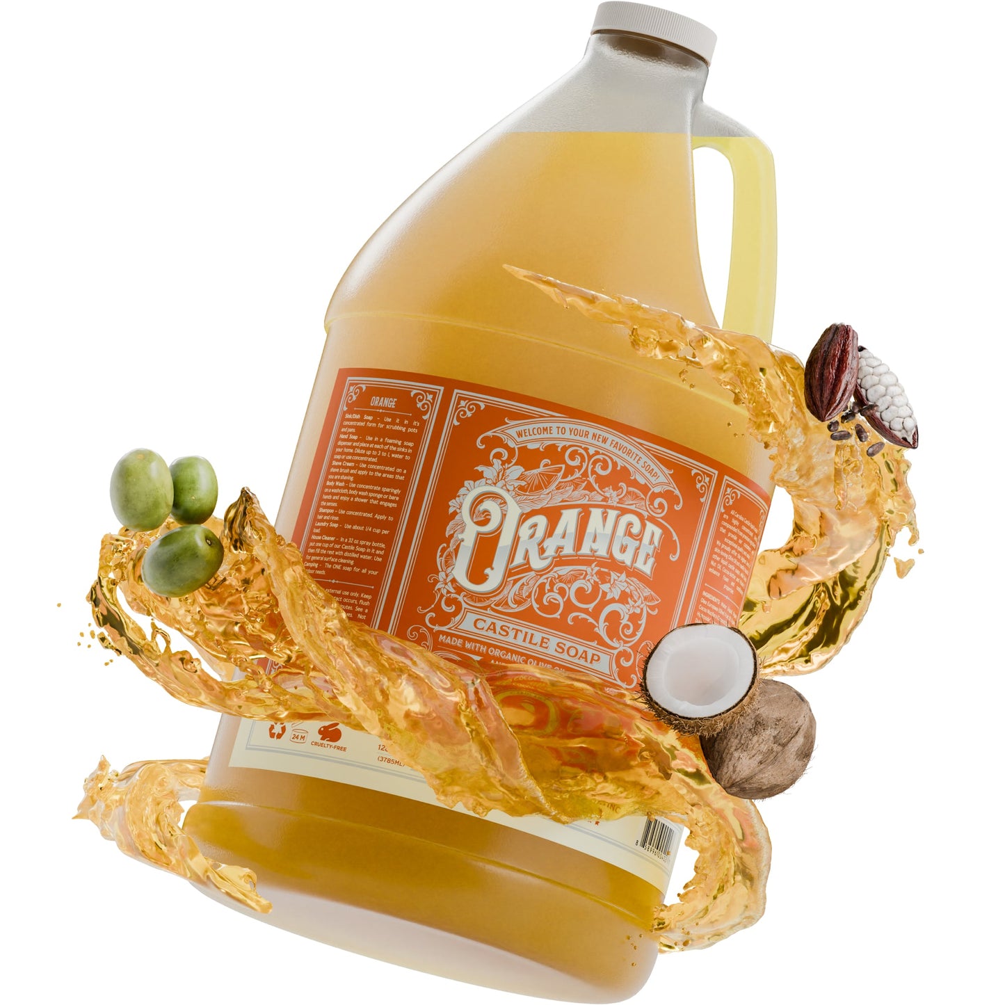 Bar of orange-scented Carolina Castile Soap with a natural, creamy texture and bright orange color on a white background.