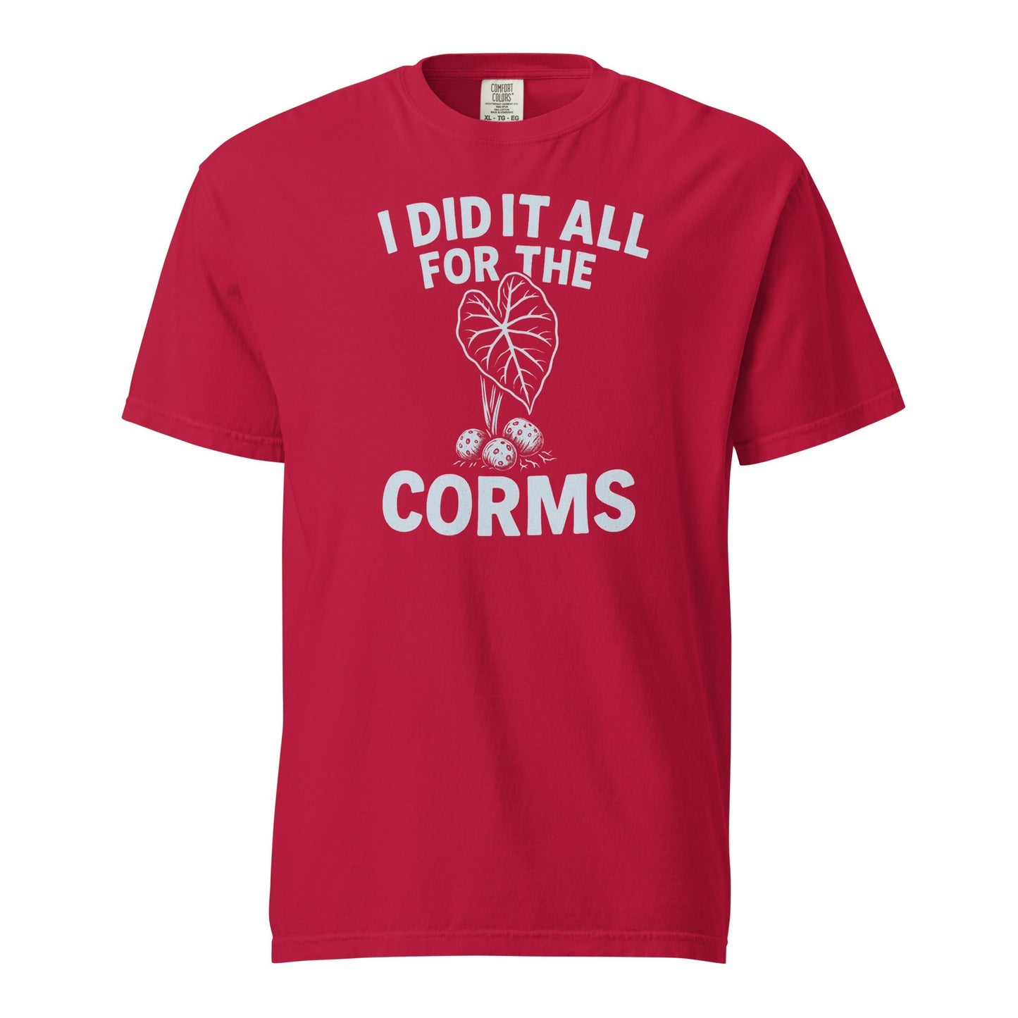 Black heavyweight cotton T-shirt from FGMN Originals with "I Did It All for the Corms" printed design, by FGMN Nursery.