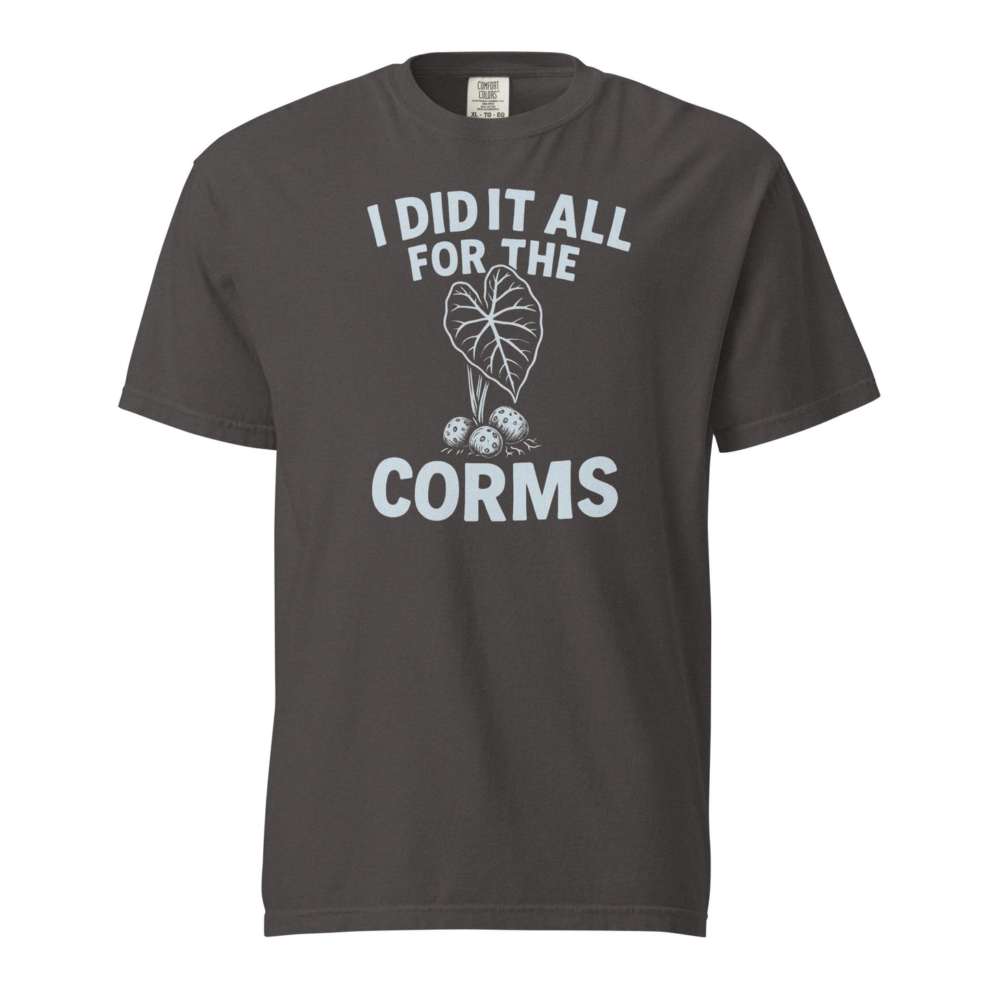 Black heavyweight cotton T-shirt from FGMN Originals featuring the "I Did It All for the Corms" design.