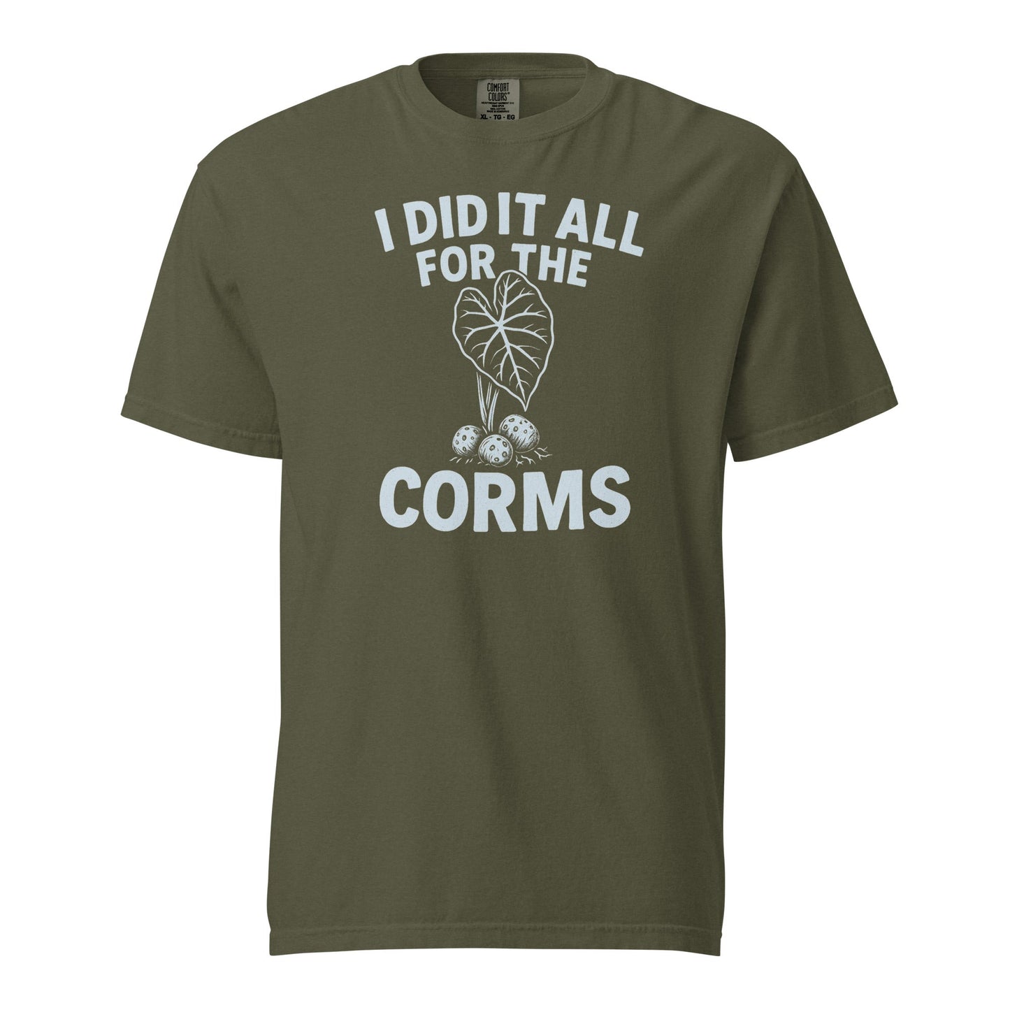Black heavyweight cotton T-shirt from FGMN Originals with "I Did It All for the Corms" print, by FGMN Nursery.