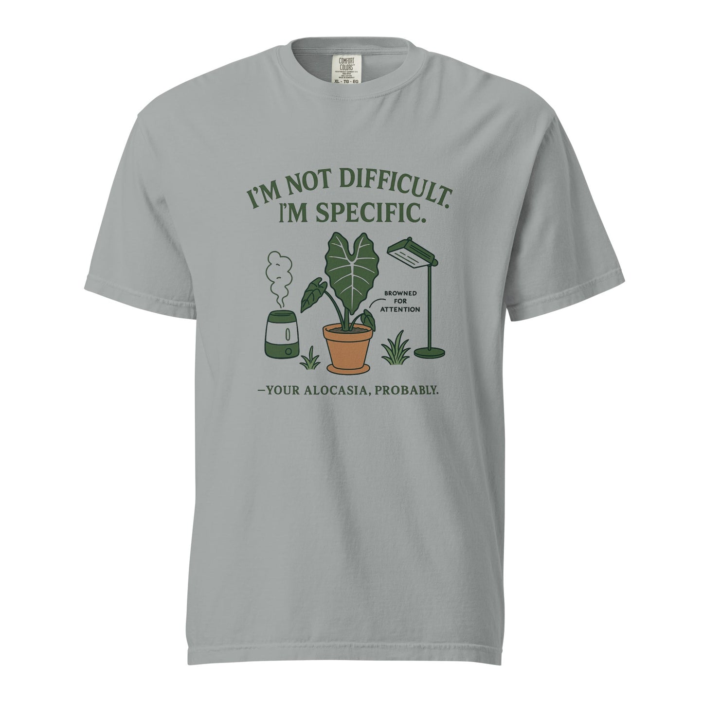FGMN Originals heavyweight T-shirt featuring "I'm Not Dramatic. I'm Specific." print in granite color.