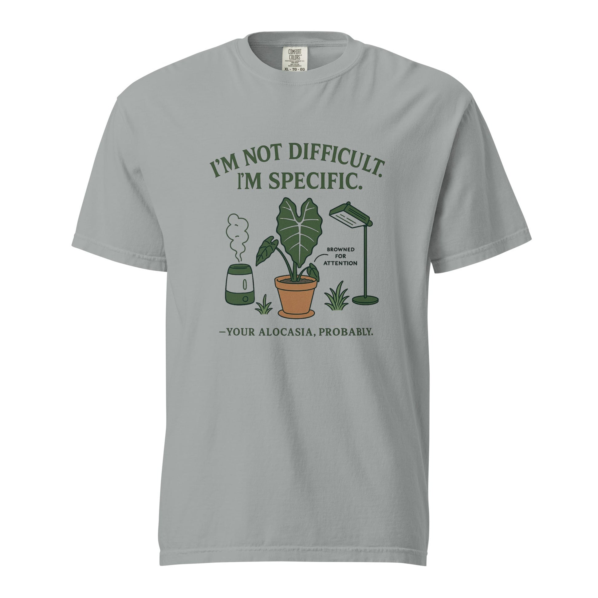 FGMN Originals heavyweight T-shirt featuring "I'm Not Dramatic. I'm Specific." print in granite color.