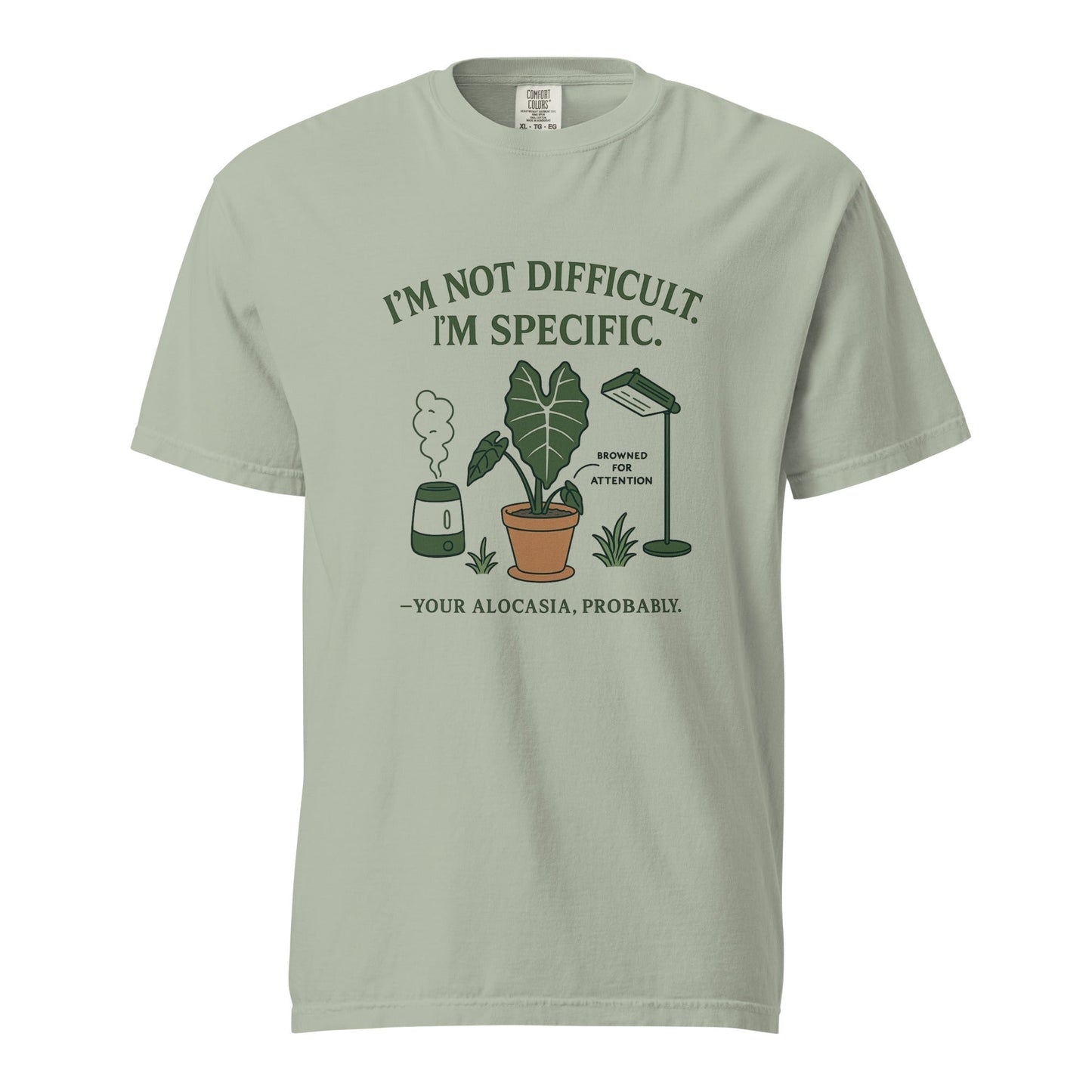 FGMN Originals heavyweight T-shirt in granite with the phrase "I'm Not Dramatic. I'm Specific." displayed on the front.