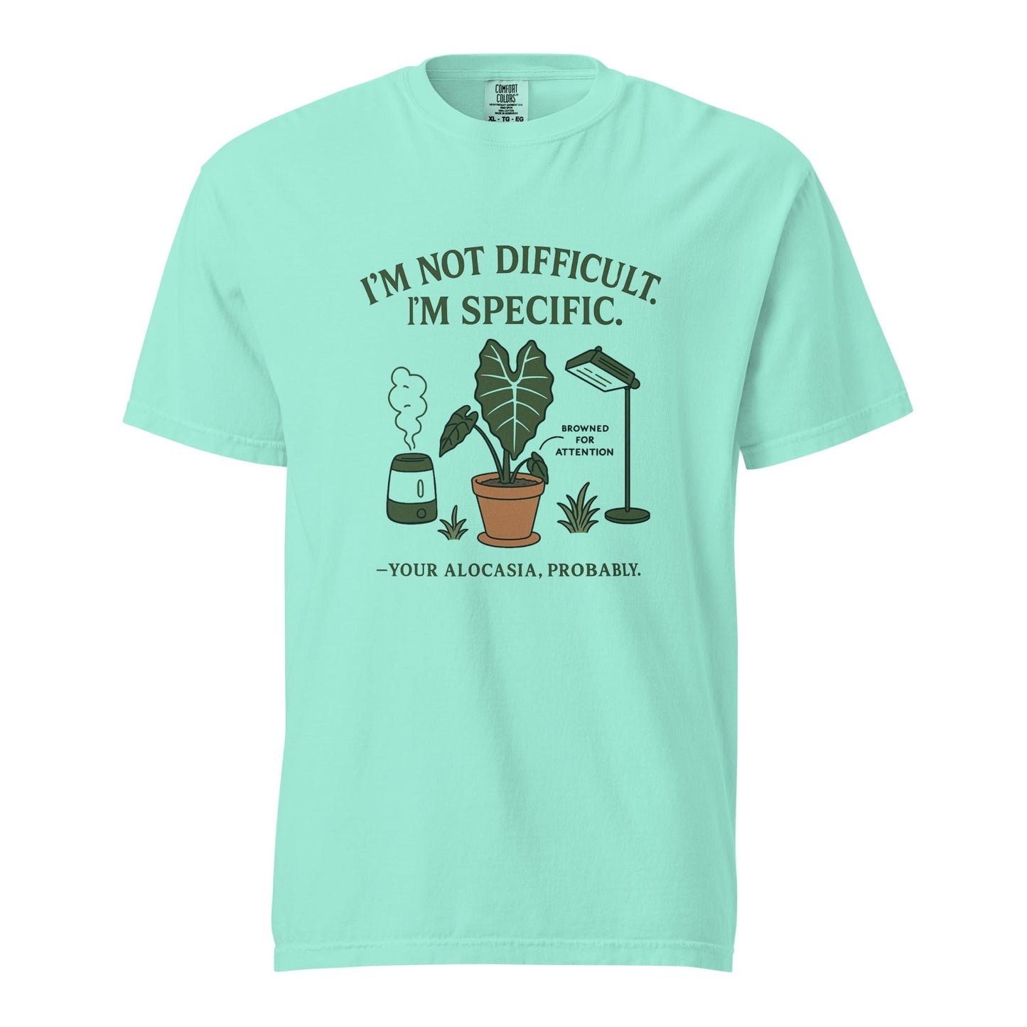 FGMN Originals heavyweight T-shirt with "I'm Not Dramatic. I'm Specific." print, in granite color, by FGMN Nursery.