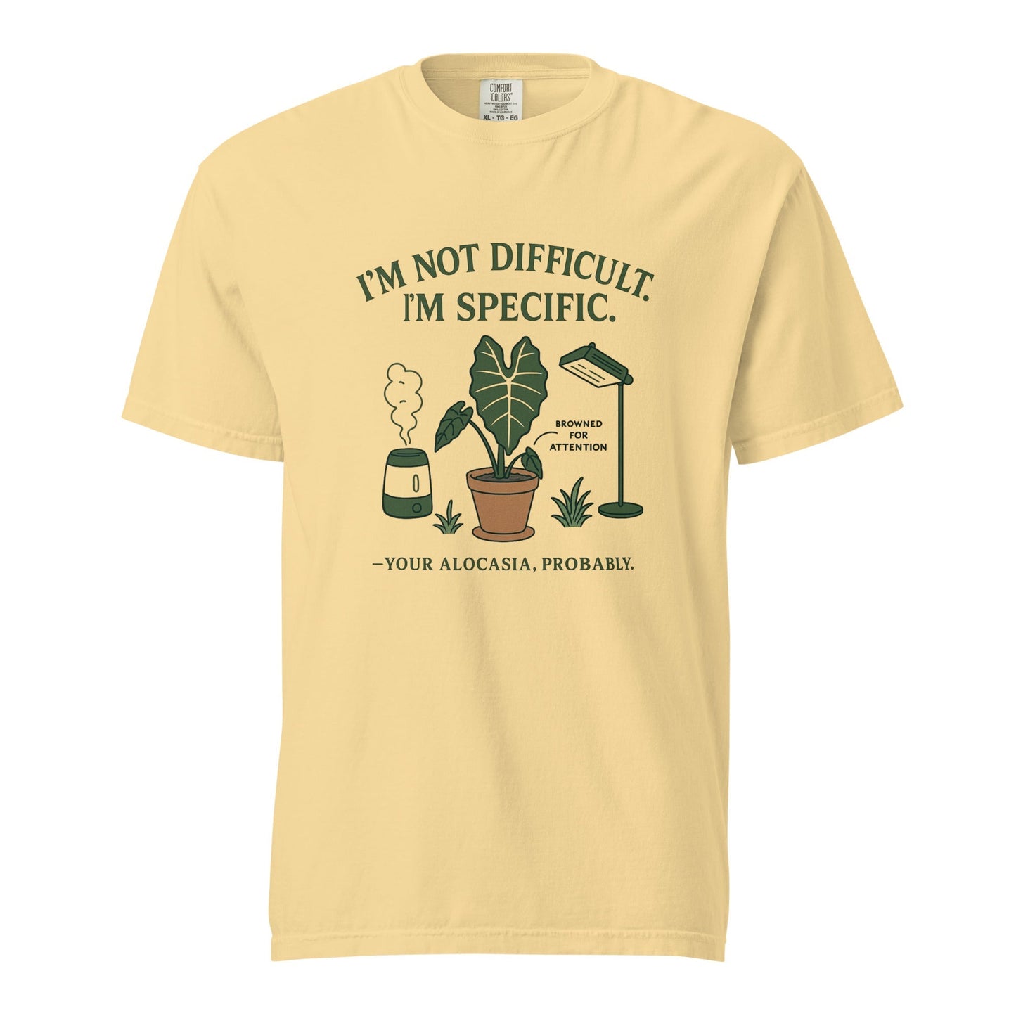 FGMN Originals heavyweight T-shirt with "I'm Not Dramatic. I'm Specific." slogan, in granite color, by FGMN Nursery.