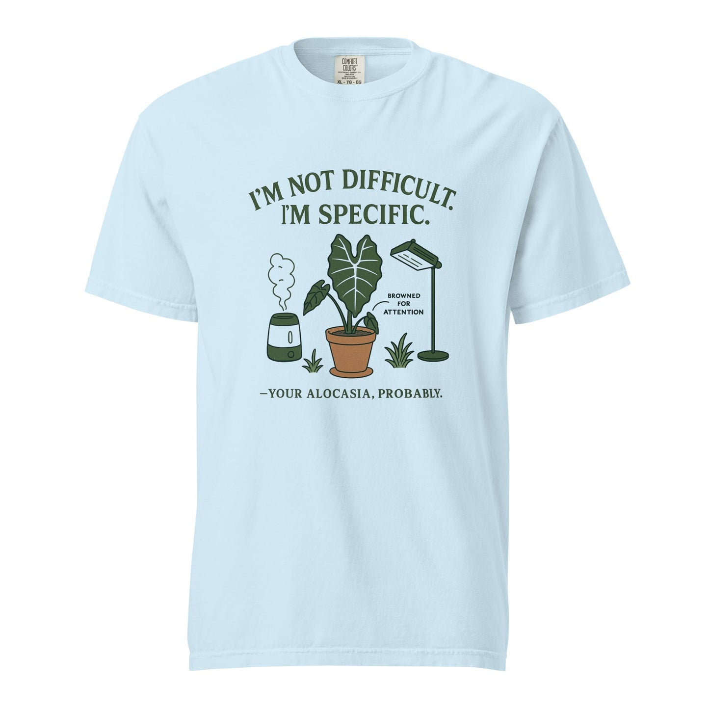 FGMN Originals heavyweight T-shirt with "I'm Not Dramatic. I'm Specific." print, made by FGMN Nursery, in granite color.