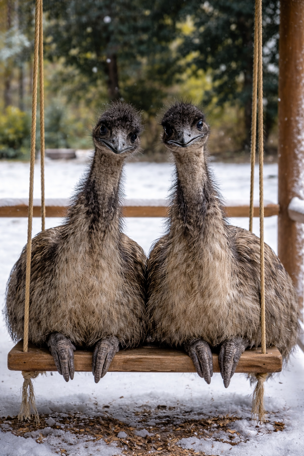 Two emus sitting on a swing in a snowy outdoor setting