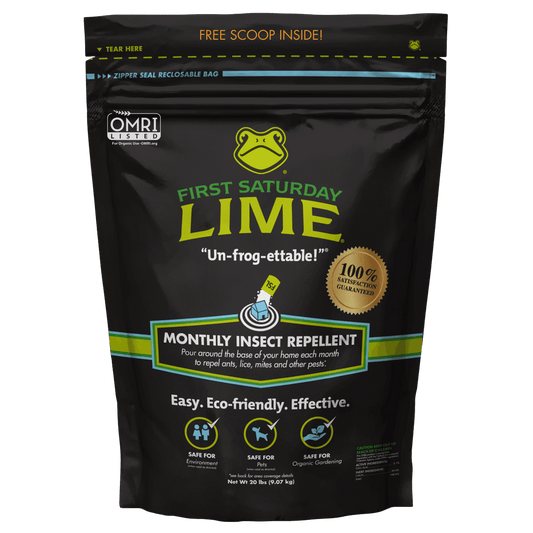 20-pound bag of First Saturday Lime insect repellent for animals and pets, natural pest control for outdoor and farm use.