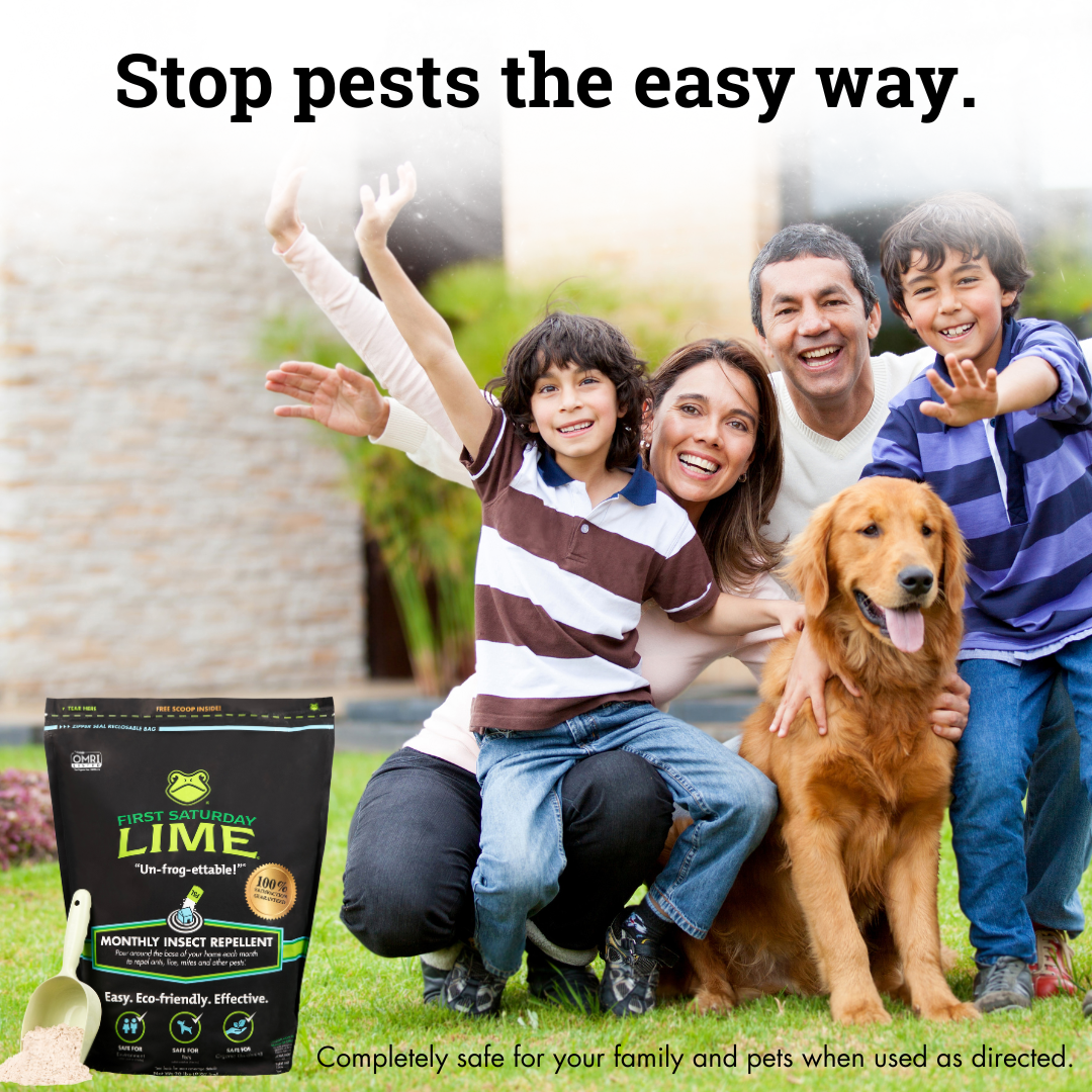 20-pound bag of First Saturday Lime insect repellent for animals and pets, natural pest control solution from First Saturday Lime.