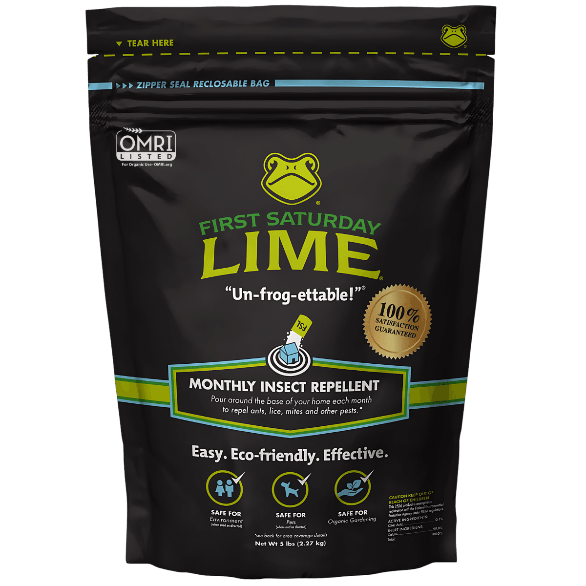 First Saturday Lime insect repellent bag for animals and pets, 20-pound bag, natural pest control for pet environments.