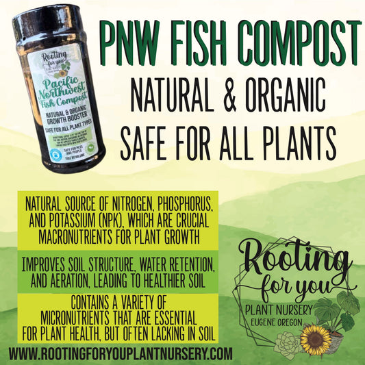 Pacific Northwest Fish Compost 16oz by Volume Shaker from Rooting For You Plant Nursery, organic fish compost for all soil types.