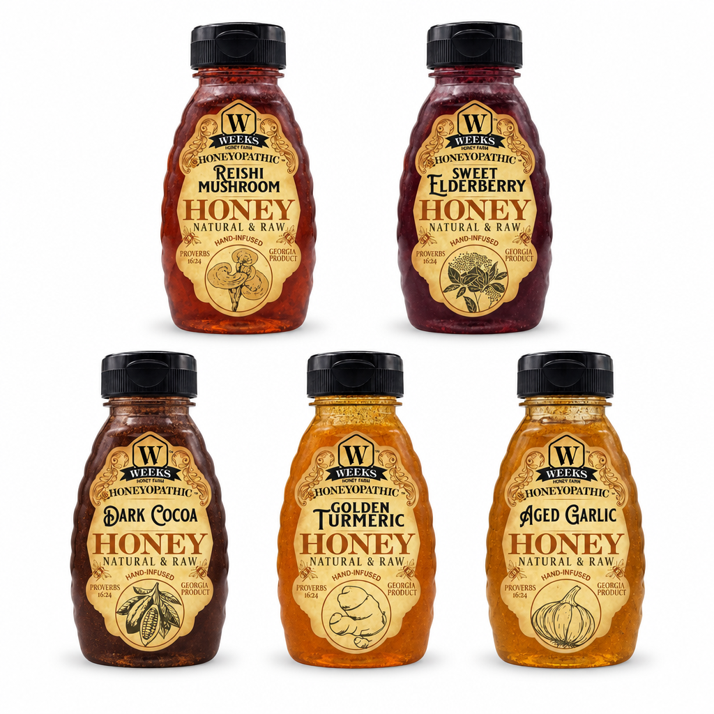 Raw infused honey sampler with five 8-oz flavored honey bottles arranged in stacked rows by Weeks Honey Farm