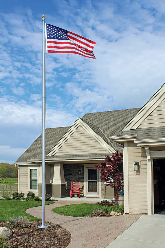Flagman of America 25-foot commercial-grade aluminum flagpole with four sections, satin finish, for outdoor display.