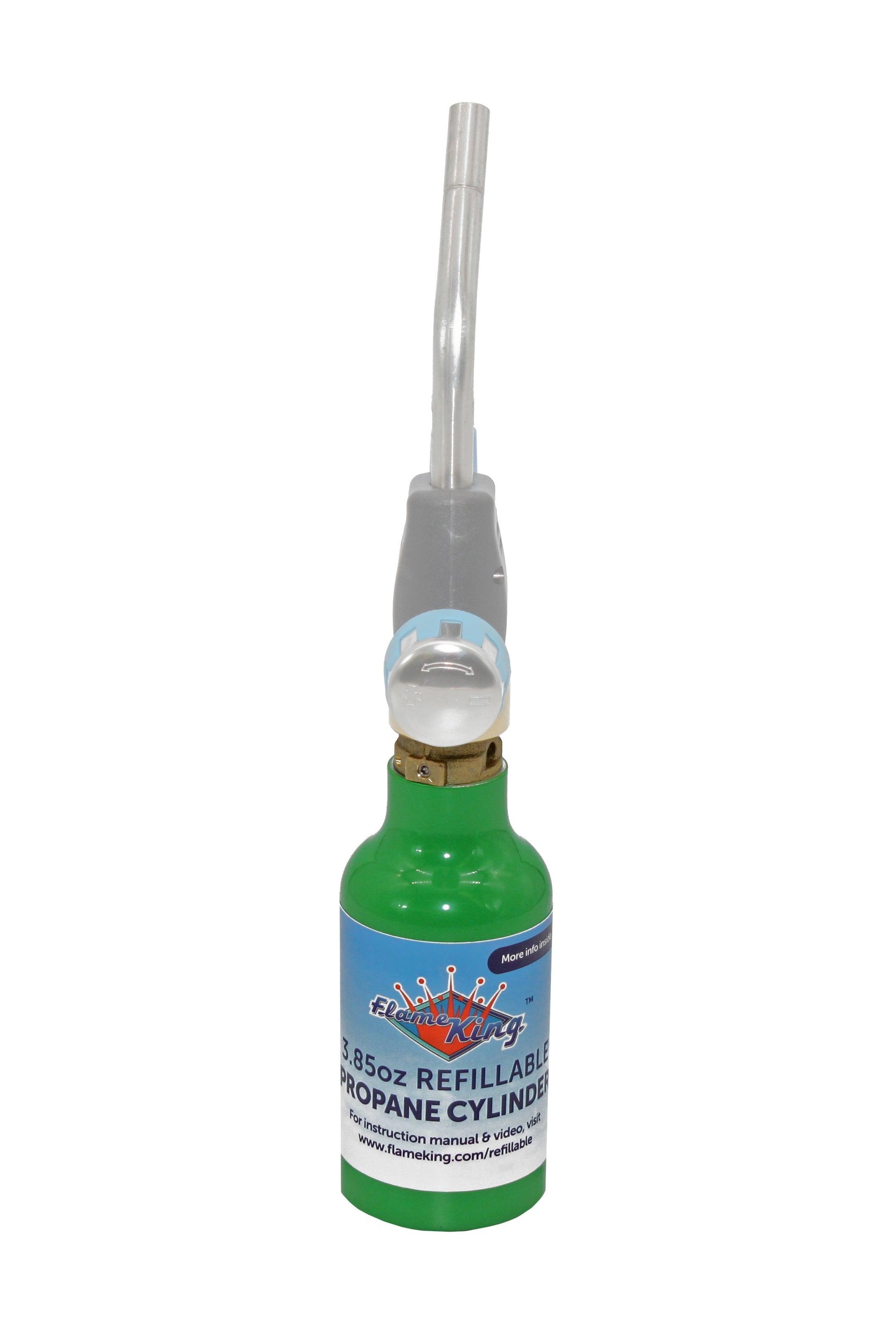 Two Flame King 1/4 lb refillable mini propane tanks, eco-friendly and designed for portable heating and cooking applications.