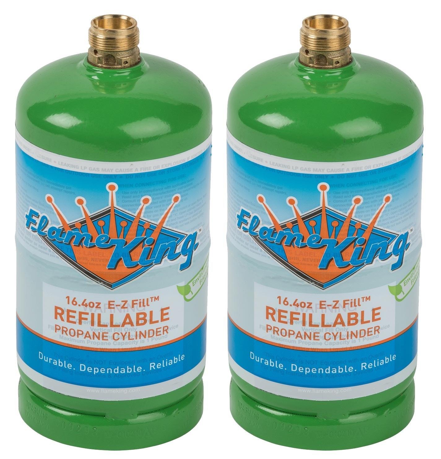 Two Flame King 1lb refillable propane tanks, eco-friendly and sustainable LP cylinders, shown in a close-up image.