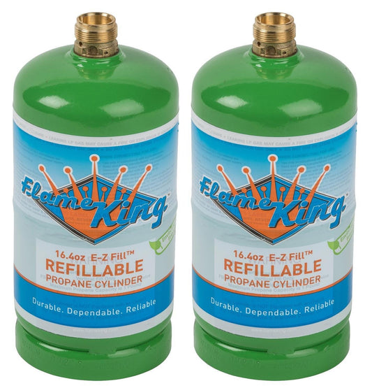 Two Flame King 1lb refillable propane tanks, eco-friendly and sustainable LP cylinders, shown in a close-up image.