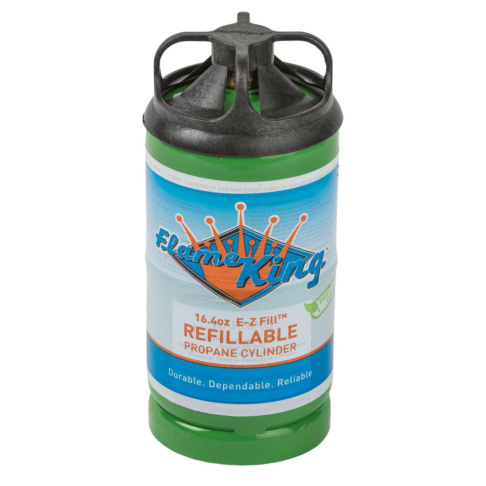 Flame King 2-pack 1lb refillable propane tanks, eco-friendly and sustainable LP cylinders for portable outdoor use.