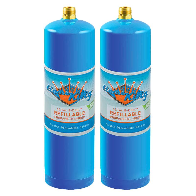 Flame King 2-pack 1lb refillable propane tanks for welding, eco-friendly and sustainable LP cylinders.