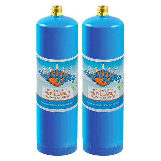 Flame King 2-pack 1lb refillable propane tanks for welding, eco-friendly and sustainable LP cylinders.