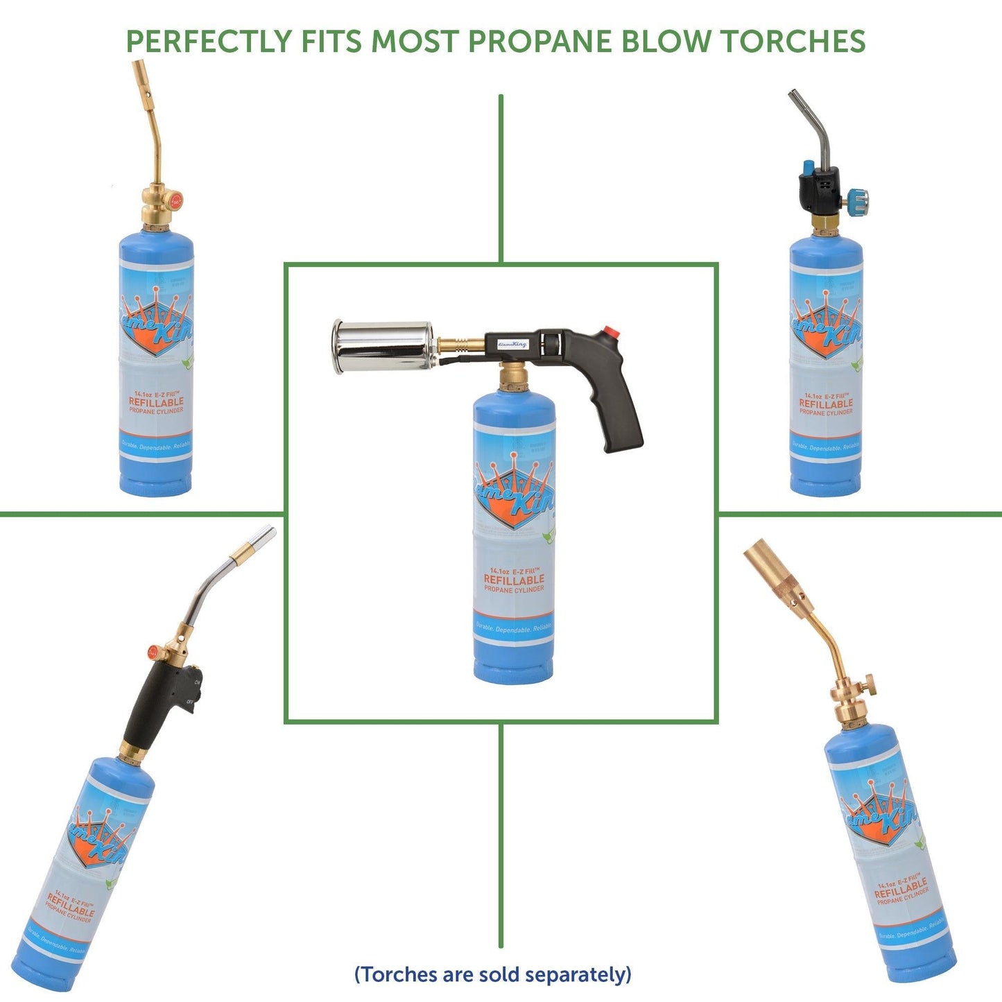 Flame King 2-pack 1lb refillable propane tanks, eco-friendly and sustainable, designed for welding and LP cylinder use.