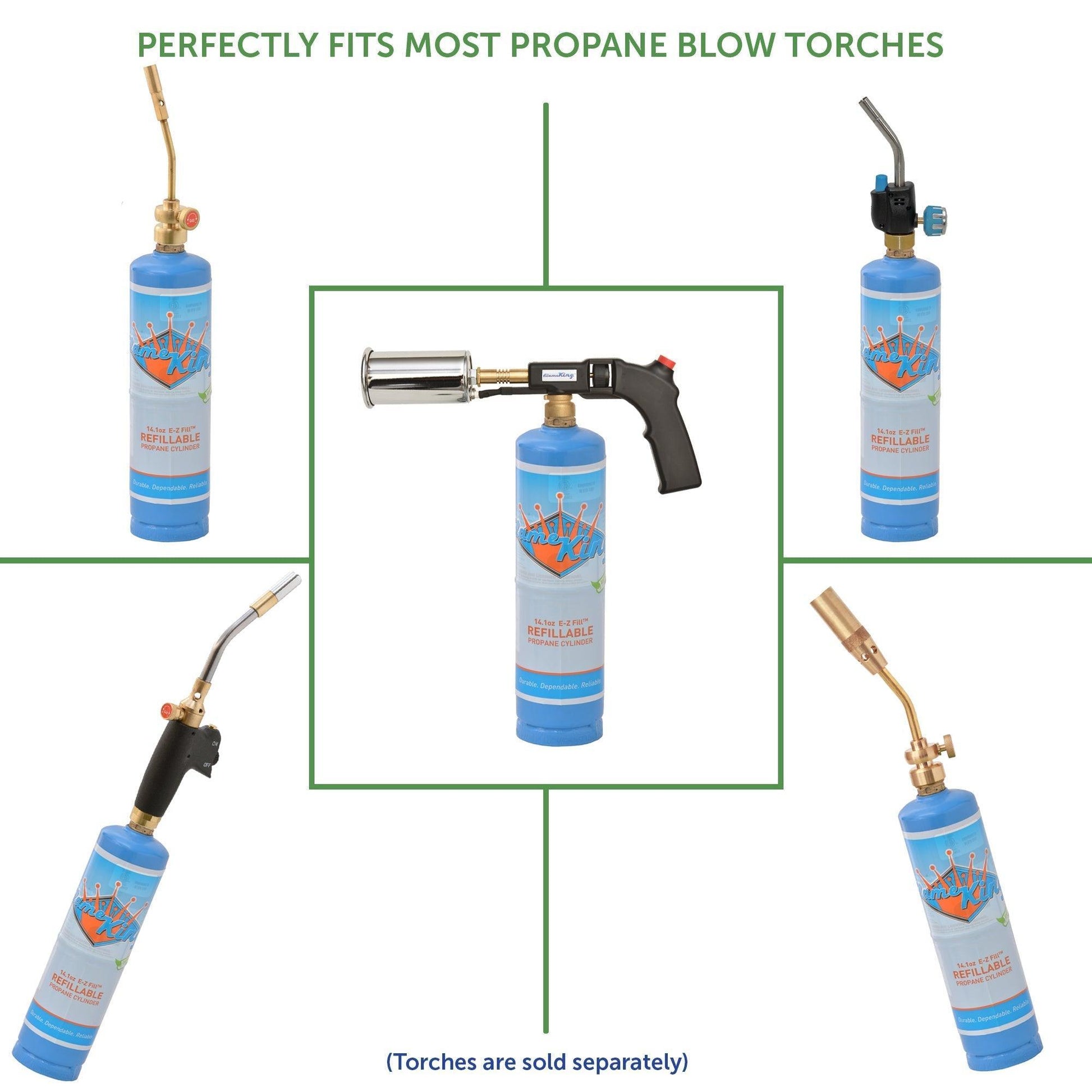 Flame King 2-pack 1lb refillable propane tanks, eco-friendly and sustainable, designed for welding and LP cylinder use.