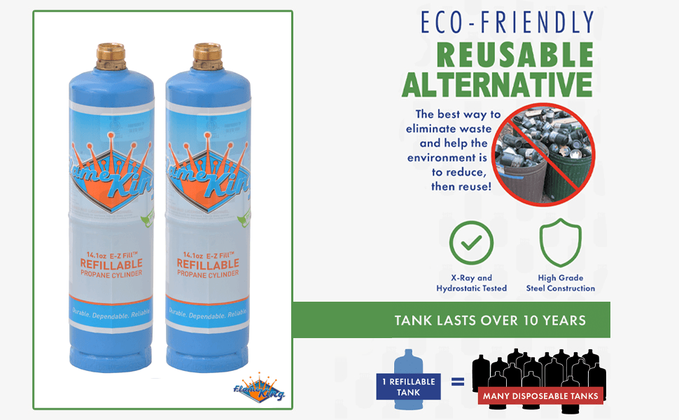Flame King 2-pack eco-friendly 1lb refillable propane tanks for welding, durable and sustainable LP cylinders.