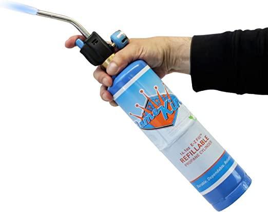 Two Flame King 1lb refillable propane tanks, eco-friendly welding LP cylinders, with green and white design and safety valves.
