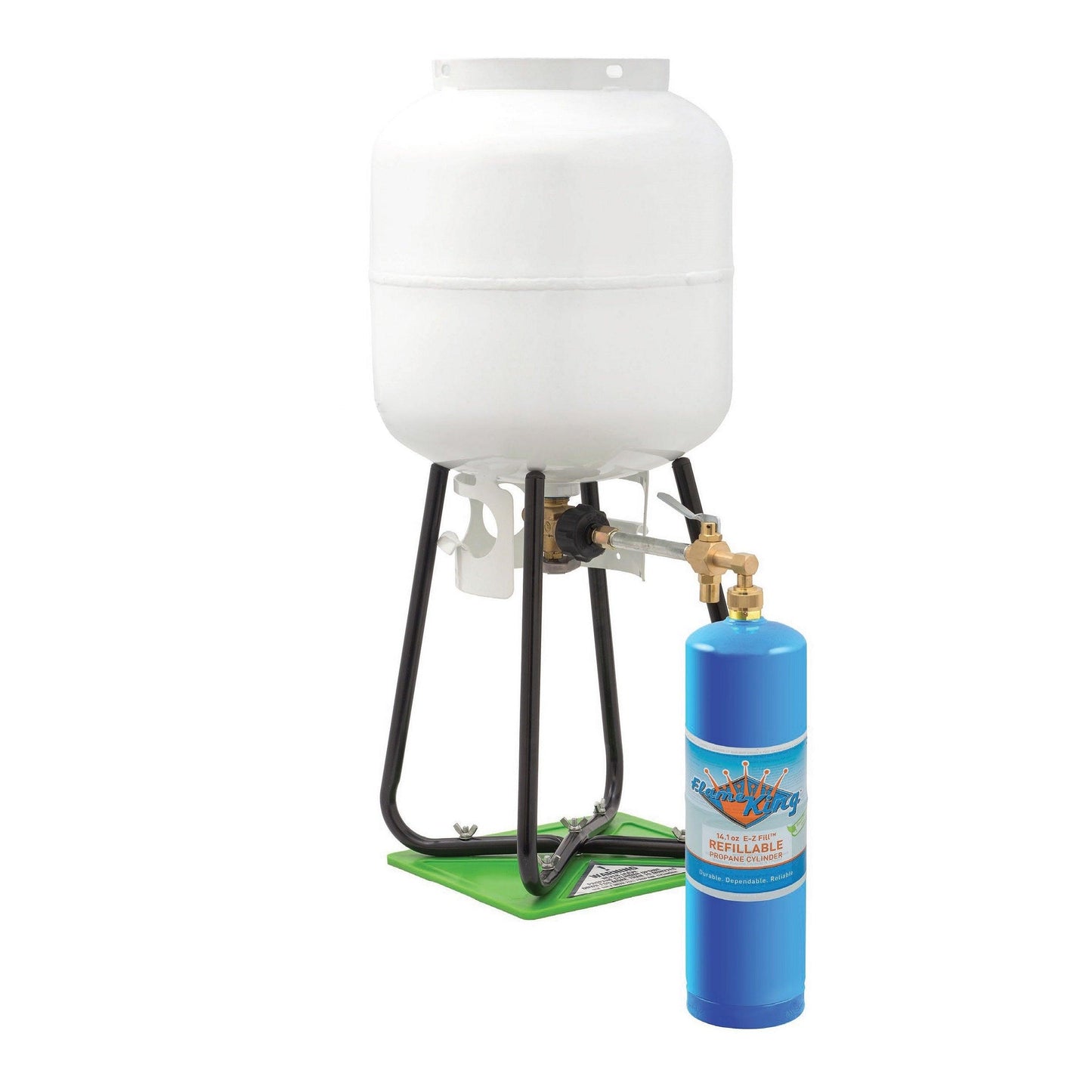 Two Flame King 1lb refillable propane tanks for welding, eco-friendly, sustainable, with durable metal construction.