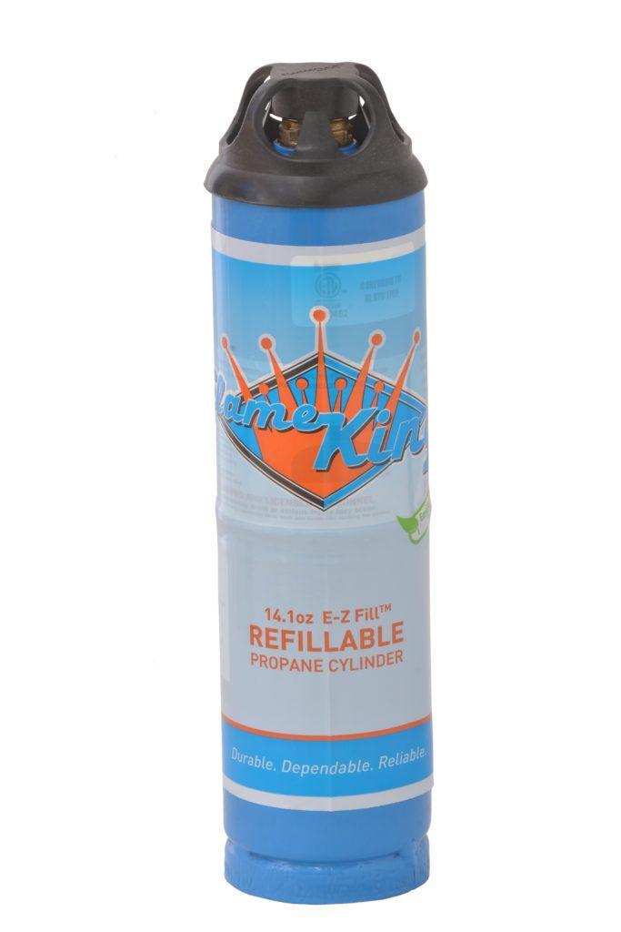 Two Flame King 1lb refillable propane tanks for welding, eco-friendly and sustainable, shown with their compact cylindrical design.