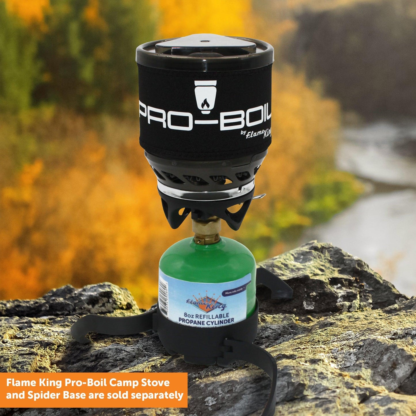 Flame King 1lb refillable propane tanks, eco-friendly and sustainable, shown in a 2-pack with black handles and metal cylinders.