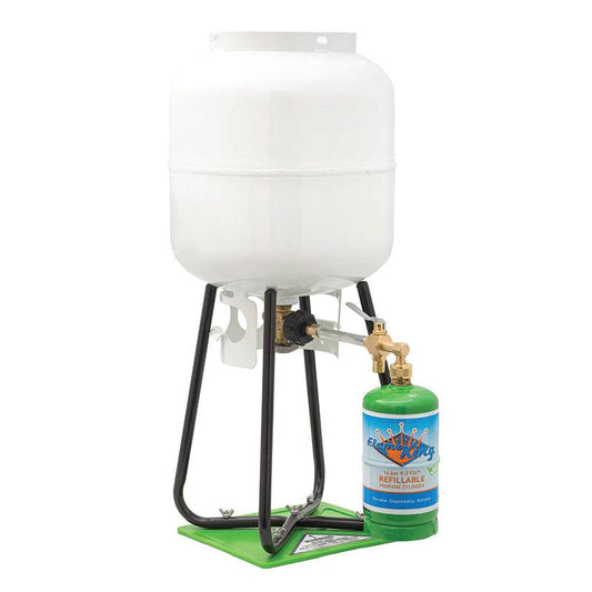 Flame King Eco-Friendly 1lb reusable propane cylinder with refill kit, compact and portable for outdoor grilling and camping.