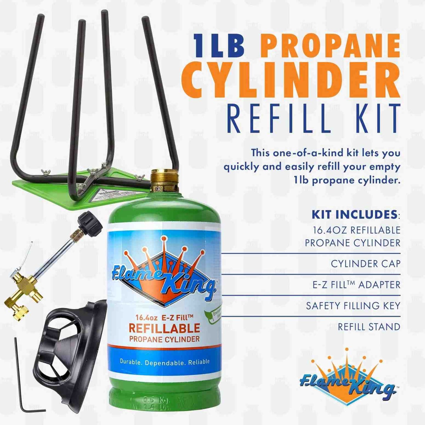 Flame King 1lb refillable propane cylinder with refill kit, eco-friendly, reusable, and portable for outdoor grilling and camping.