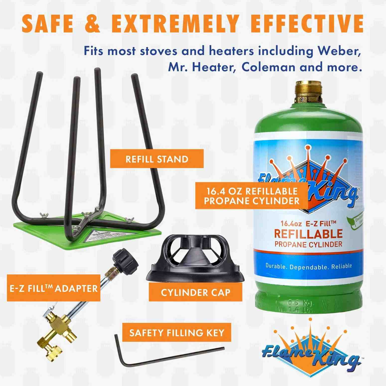 Flame King Eco Friendly 1lb reusable propane cylinder with refill kit, showing the compact, portable propane container and refill accessories.