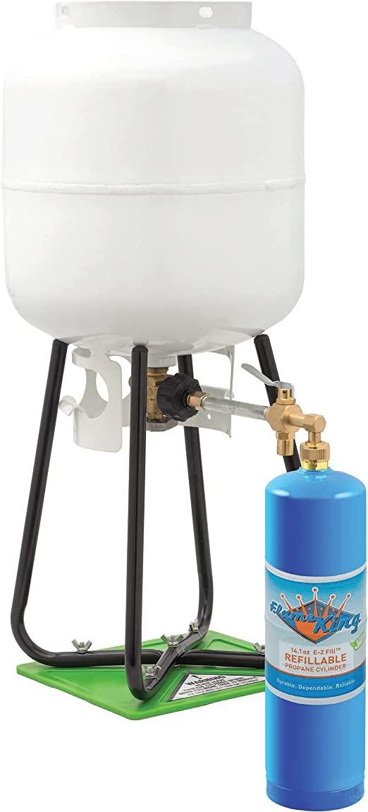 Flame King 1lb refillable propane cylinder with kit, eco-friendly and sustainable, 14.1 oz capacity, suitable for camping and outdoor use.