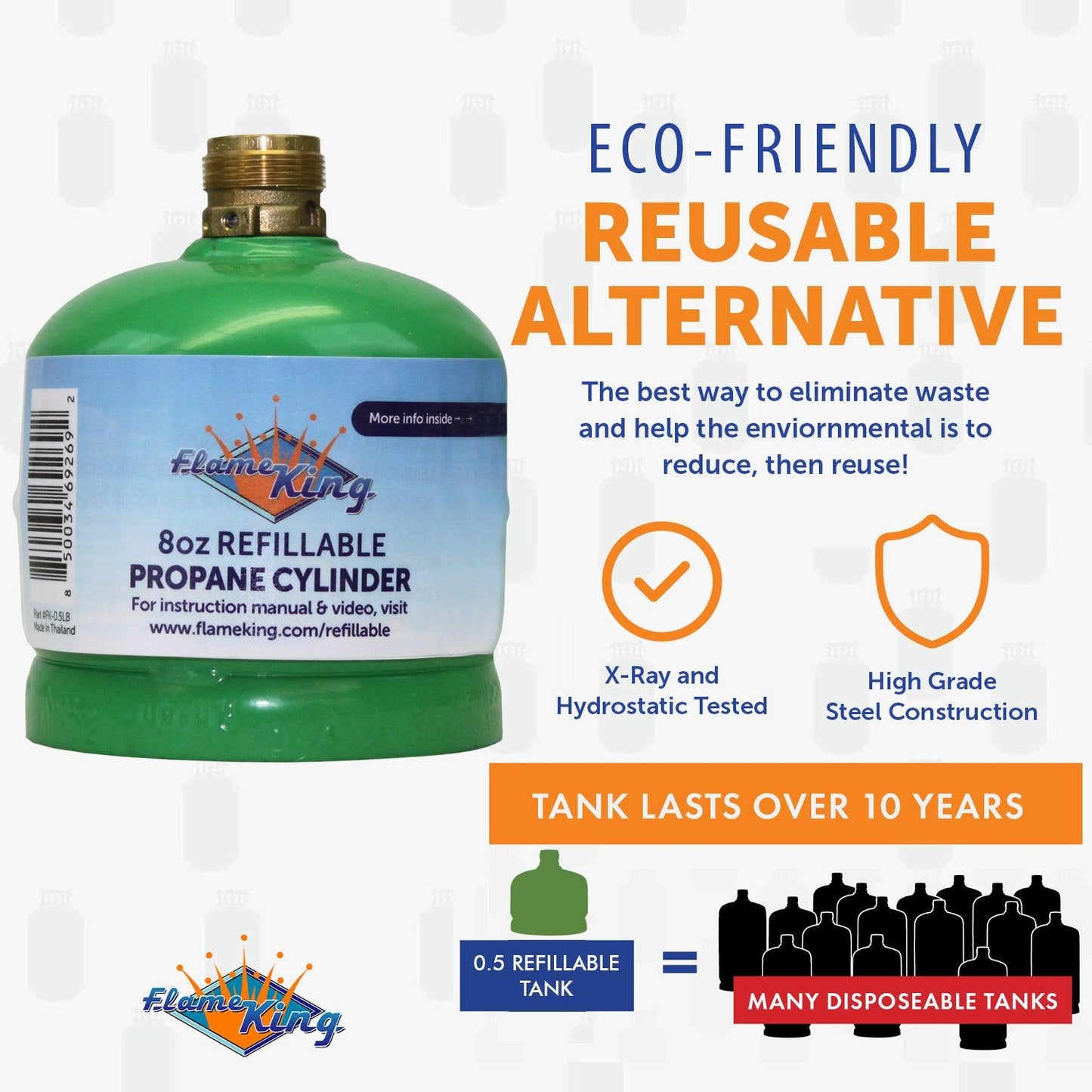 Flame King 1lb refillable propane tank, eco-friendly and sustainable LP cylinder, showing the compact, portable design.