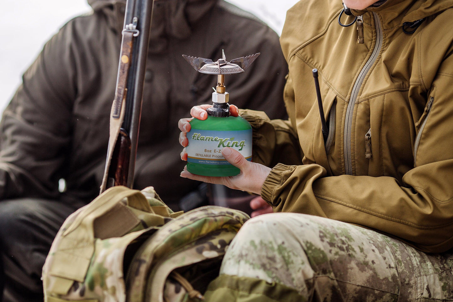 Flame King eco-friendly 1lb refillable propane tank for portable appliances, showing a compact, sustainable LP cylinder.