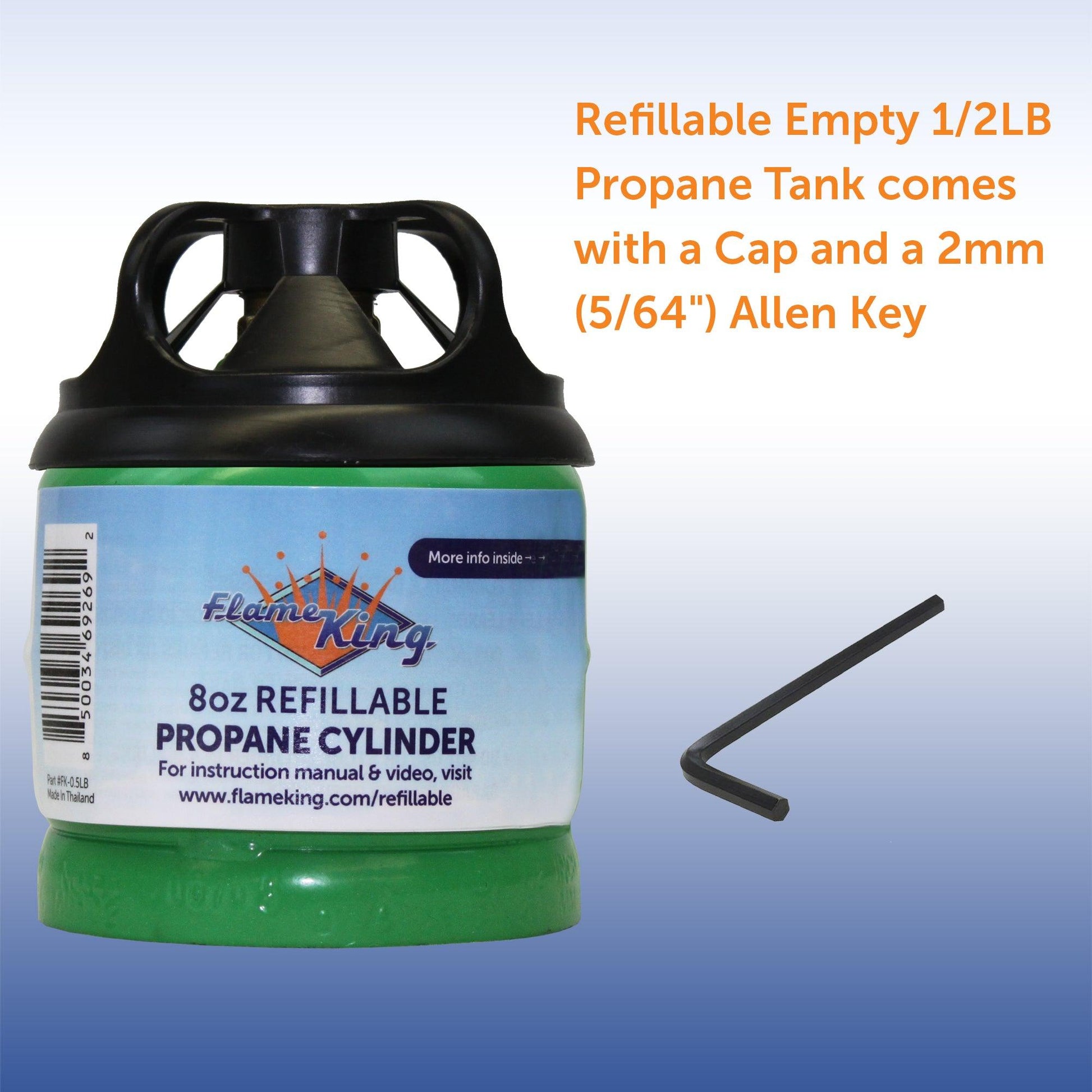 Flame King 1lb refillable propane tank, eco-friendly and sustainable, designed for portable outdoor cooking and camping.