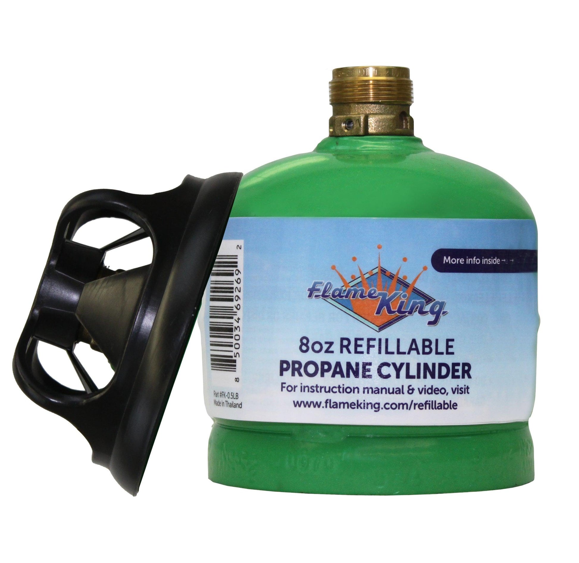 Flame King 1lb refillable propane tank, eco-friendly and sustainable LP cylinder for outdoor grilling and camping use.