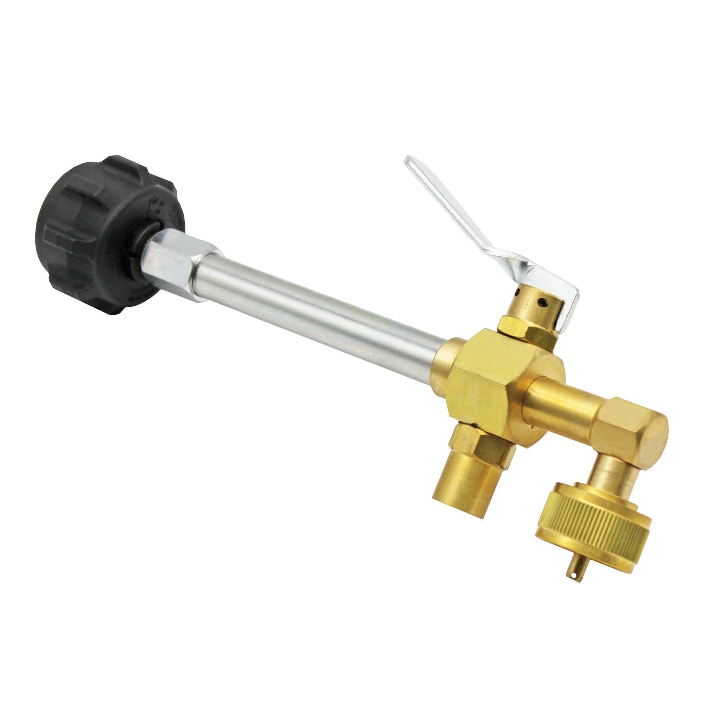 Flame King 1lb refillable propane fitting adapter valve for refillable tank cylinders, shown with brass connector and valve handle.