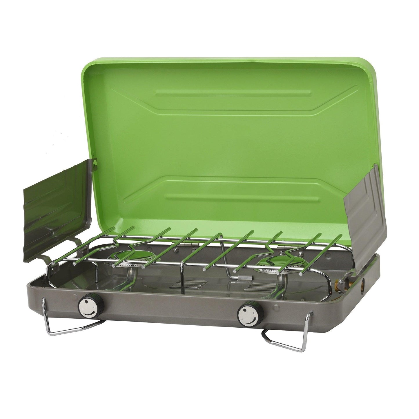 Flame King 2 Burner Portable Propane Gas Camping Stove Grill with black metal body and control knobs for outdoor cooking.