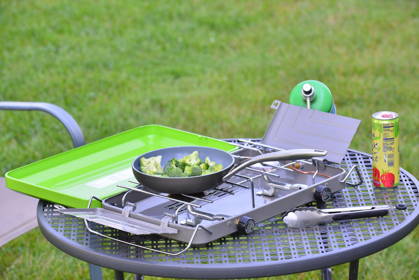 Flame King 2 Burner Portable Propane Gas Camping Stove Grill with metal burners and control knobs, ideal for outdoor camping cooking.