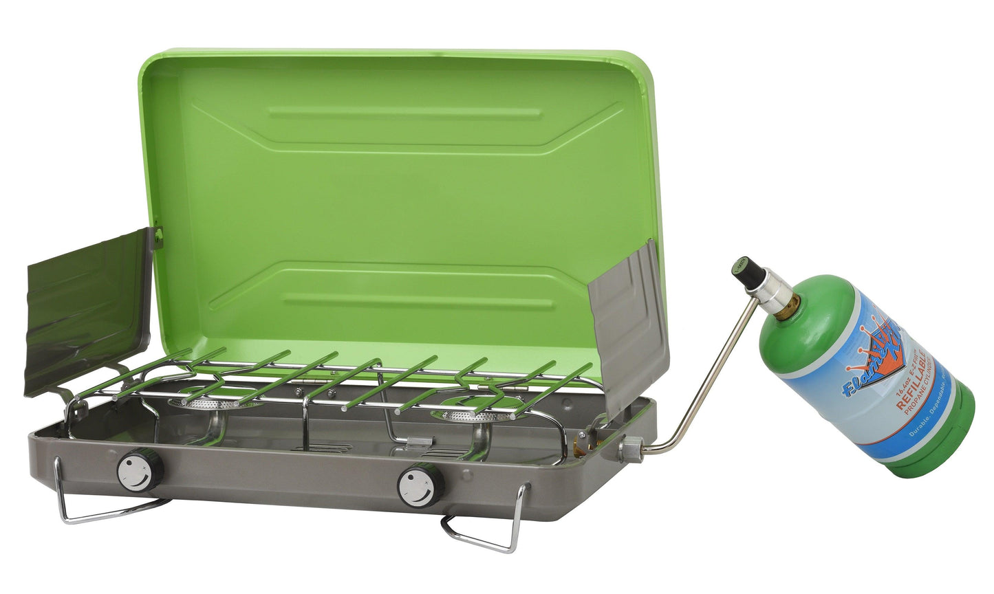 Flame King 2 Burner Portable Propane Gas Camping Stove and Grill with black control knobs and sturdy metal frame.
