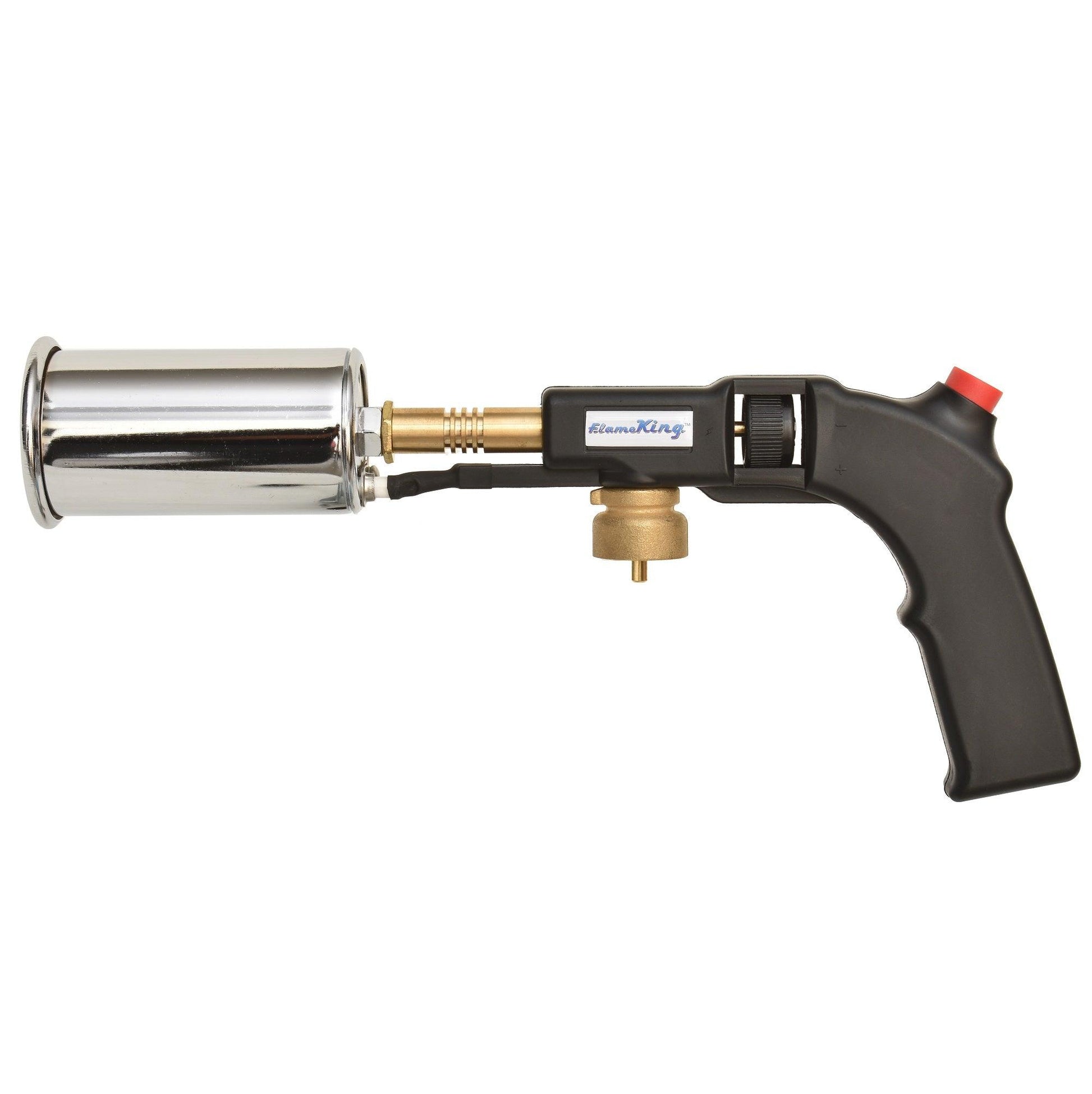 Flame King high-intensity propane searing torch with electric start and comfort handle, used for cooking and grilling tasks.